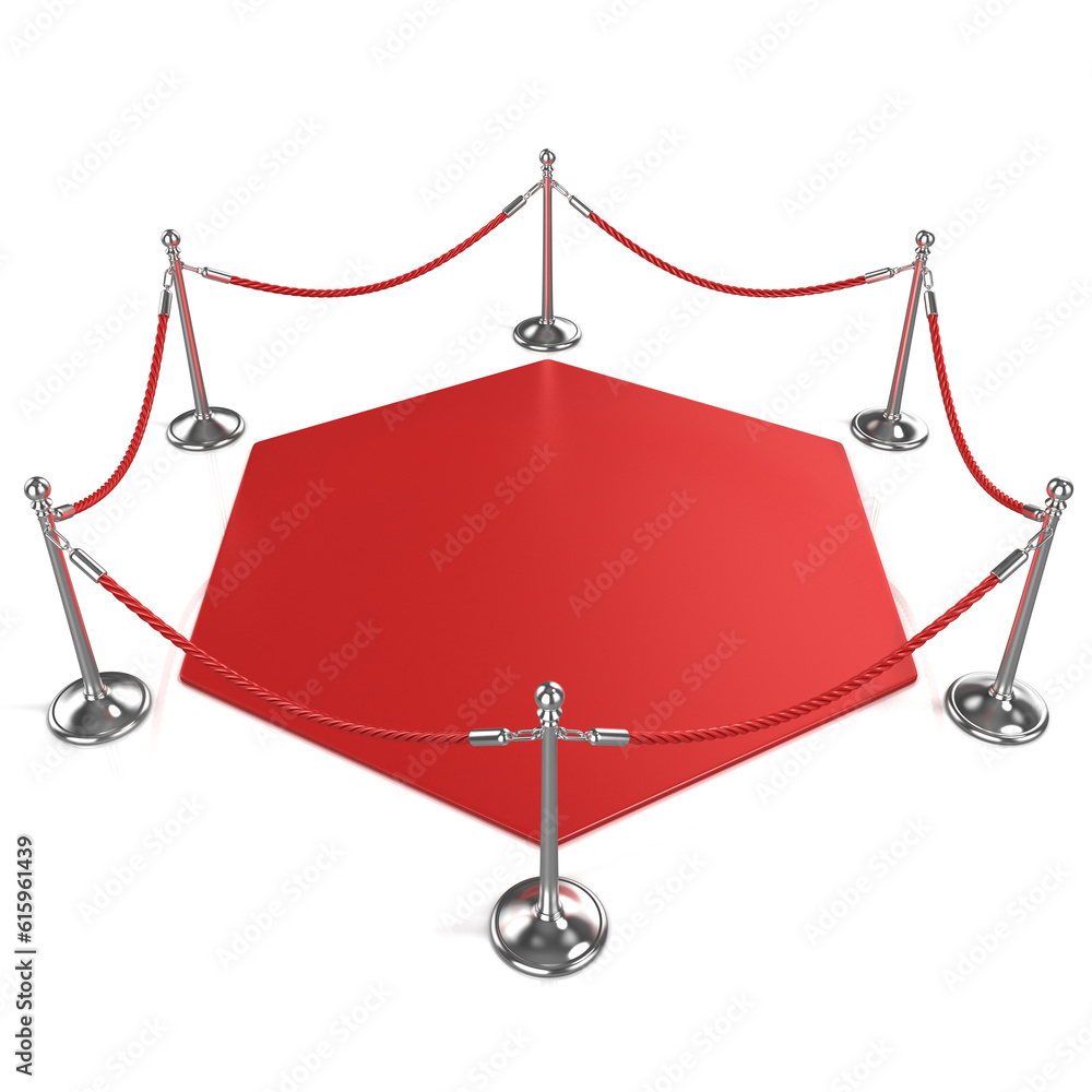 Poster red hexagon carpet surrounded with red rope and silver column, isolated on white background