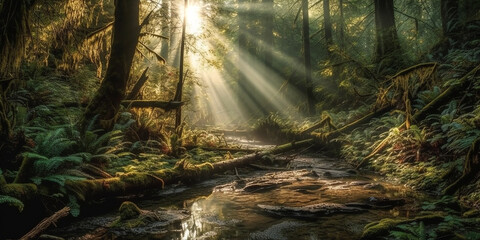 Forest stream and the rays of the sun illuminating the forest space through a light fog. Generative AI