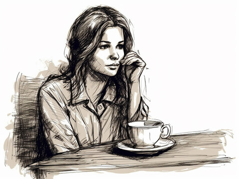 Drawn portrait of a beautiful young woman sitting thoughtfully at a table in front of a cup of tea, close-up and on an isolated white background. Generative AI