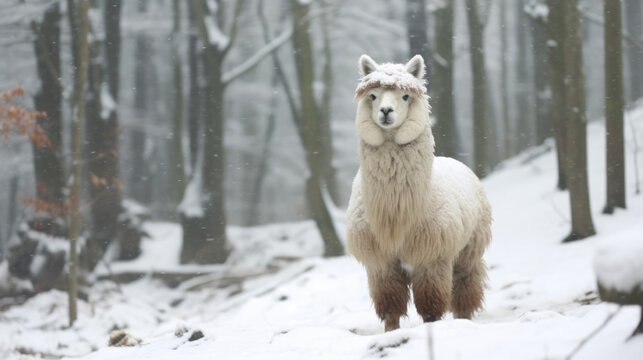 alpaca in heavy snow created with Generative AI technology