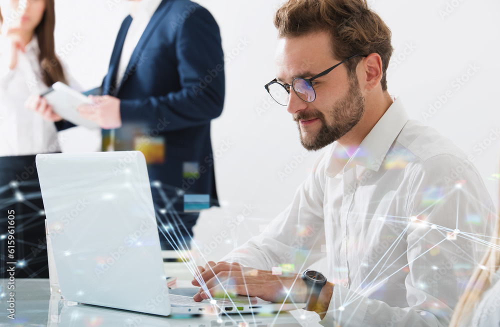 Poster businessman in office connected on internet network with a computer. concept of startup company