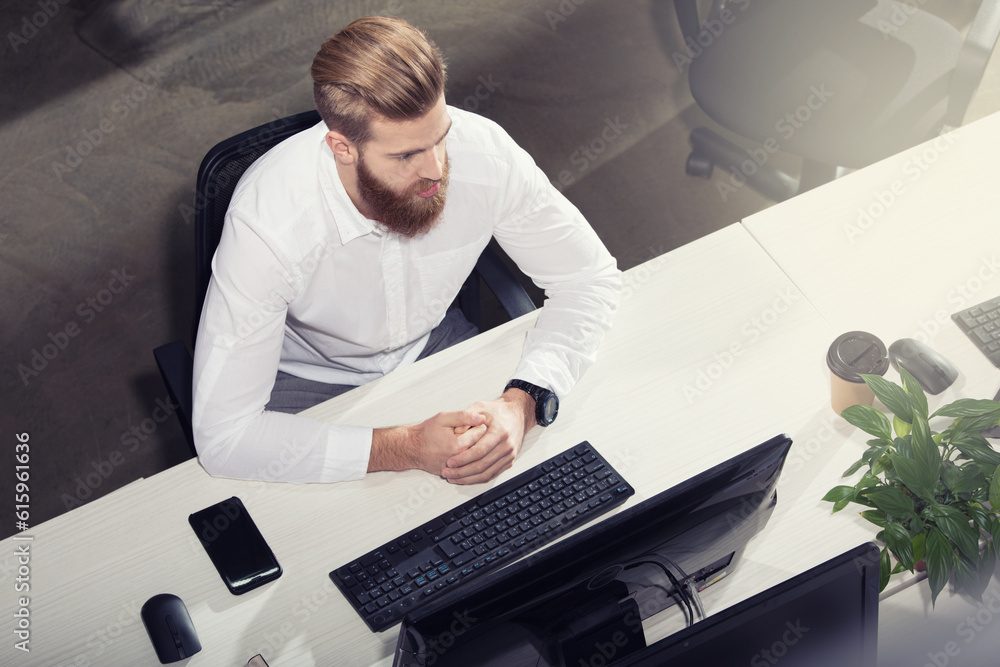 Aufkleber businessman in office connected on internet network with a computer. concept of startup company