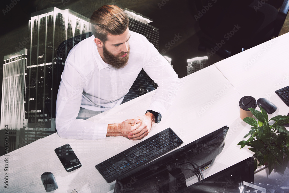 Poster businessman in office connected on internet network with a computer. concept of startup company. dou