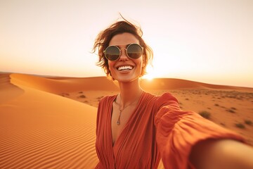 Happy woman taking selfie in the middle of Sahara desert in vacations
