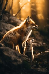 Baby fox looking at his mommy fox with love in the forest. Vertical shot