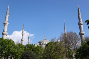 Fototapeta na wymiar Blue Mosque at Sunny Day in Istanbul, Turkey on the Background of Trees, Blue Sky and Clouds.