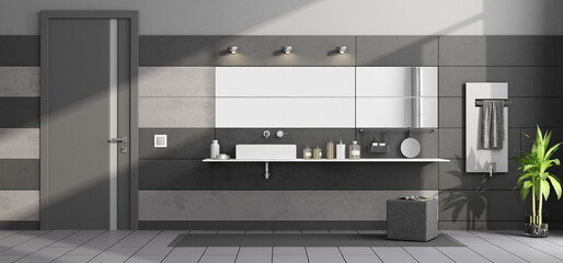 Black and gray modern bathroom with washbasin on shelf and closed door - 3d rendering