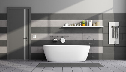 Naklejka na ściany i meble Black and gray modern bathroom with bathtub and closed door - 3d rendering
