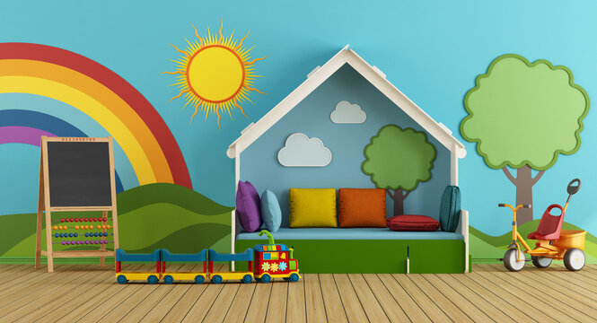 Colorful playroom with bed, blackboard and toys - 3d rendering