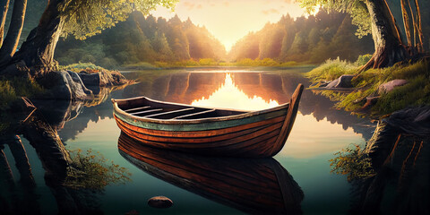 Image of an old wooden boat on the water of a deserted forest lake, in the early morning in the rays of the rising sun. Generative AI