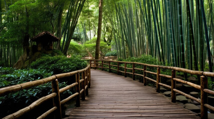 Fototapeta na wymiar wooden bridge path through bamboo forest