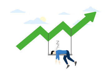 Obraz premium Passive income from crypto or stocks. market Invest in mutual funds or other assets. Get stock dividends. Businessman investors relax and sleep with growing charts. flat vector illustration.