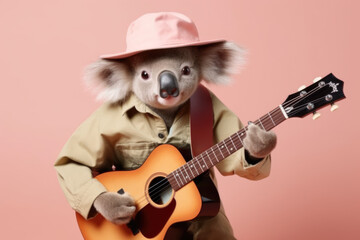 koala bear playing guitar wearing hipster hat created with Generative AI technology