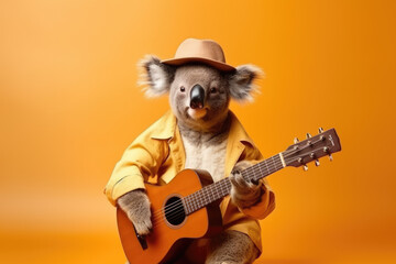 koala bear playing guitar wearing hipster hat created with Generative AI technology