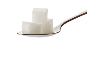 Three cubes of sugar on a spoon on a white background