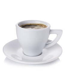 White cup with coffee on white plate and white background