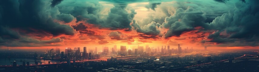 Obraz premium Stunning panoramic view of cloudy sunset with storm arriving to big metropolis