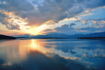 Incredibly beautiful sunset.Sun, sky,lake.Sunset or sunrise landscape, panorama of beautiful...
