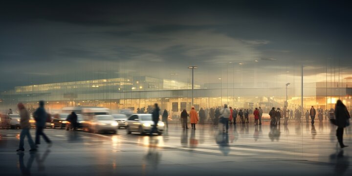 People walking outside airport with motion dynamic effect