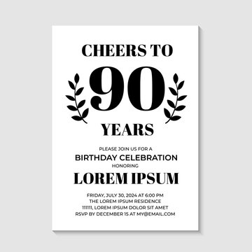 90th Birthday or Anniversary invitation card. Birthday Party invite. Cheers to 90 years. Vector template