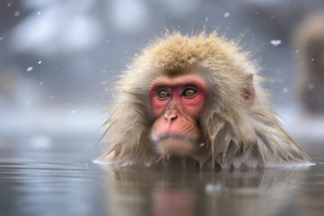 monkey in onsen in winter with heavy snow created with Generative AI technology