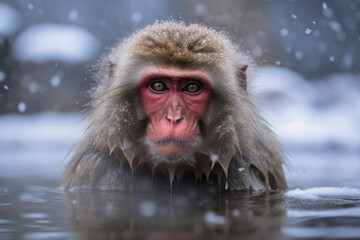 monkey in onsen in winter with heavy snow created with Generative AI technology