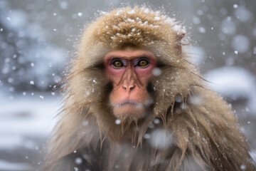 monkey in outdoor onsen with snow