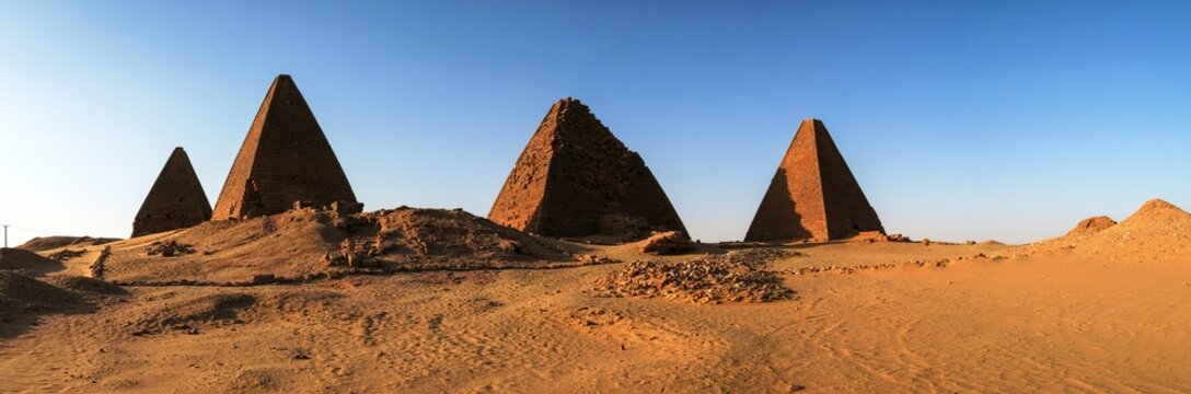 Panorama of Pyramids near Jebel Barkal mountain, Karima Napata Nubia, Sudan