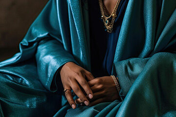 a black woman wearing a teal green silk robe and gold chain necklace, sitting on a dark brown background