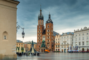 Photo of the main square of Krakow on a rainy morning