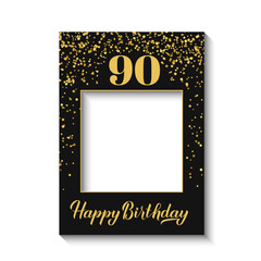 Happy 90th Birthday photo booth frame on white background. Birthday party photobooth props. Black and gold confetti party decorations. Vector template