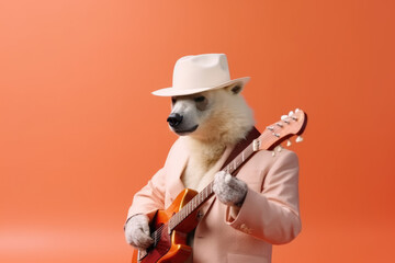polar bear wearing suit playing electric guitar created with Generative AI technology
