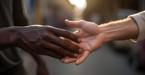 Close up multiracial man gay couple with African and Caucasian hands holding each other, touching, in love, tolerance and anti racism concept, street nature background, AI Generated