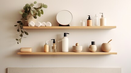 Fototapeta na wymiar A detailed shot of a minimalist bathroom shelf, adorned with carefully curated essentials and decorative elements Generative AI