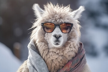 alpaca wearing sunglasses in winter