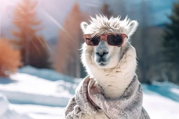 Foto auf Alu-Dibond alpaca wearing sunglasses in winter © Poprock3d