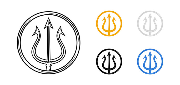 Set of trident symbols. Round trident sign collection. Devil pitchfork signs isolated on white background. Demon tridental spear. Vector illustration in minimal style