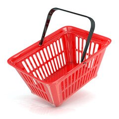 Red shopping basket, side view. 3D rendered illustration. Unusual angled view. Concept of buying