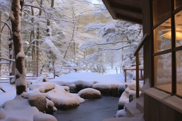 outdoor onsen winter heavy snow