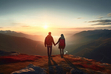 Couple of man and woman hikers on top of a mountain at sunset or sunrise, together enjoying their climbing success and the breathtaking view, looking towards the horizon - Generative AI