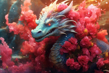 dragon surrounded by Snapdragon flower