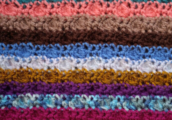 Background of crocheted stitches in multi-coloured stripes, soft yarn texture