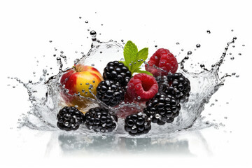 water splash with Blackberries and fruits isolated on white created with Generative AI technology