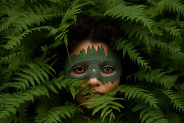 a young girl hiding behind green leaves, with her face painted like a fern leaf in the image is surrounded by ferns