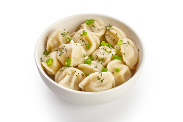 Bowl with tasty dumplings on white background