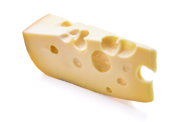 A piece of cheese is isolated on a white background