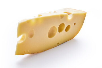 A piece of cheese is isolated on a white background