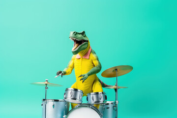 Fototapeta premium t-rex playing drums created with Generative AI technology
