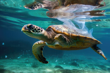 green sea turtle eating plastics