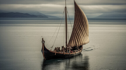 Viking sailboat on the sea created with Generative AI technology